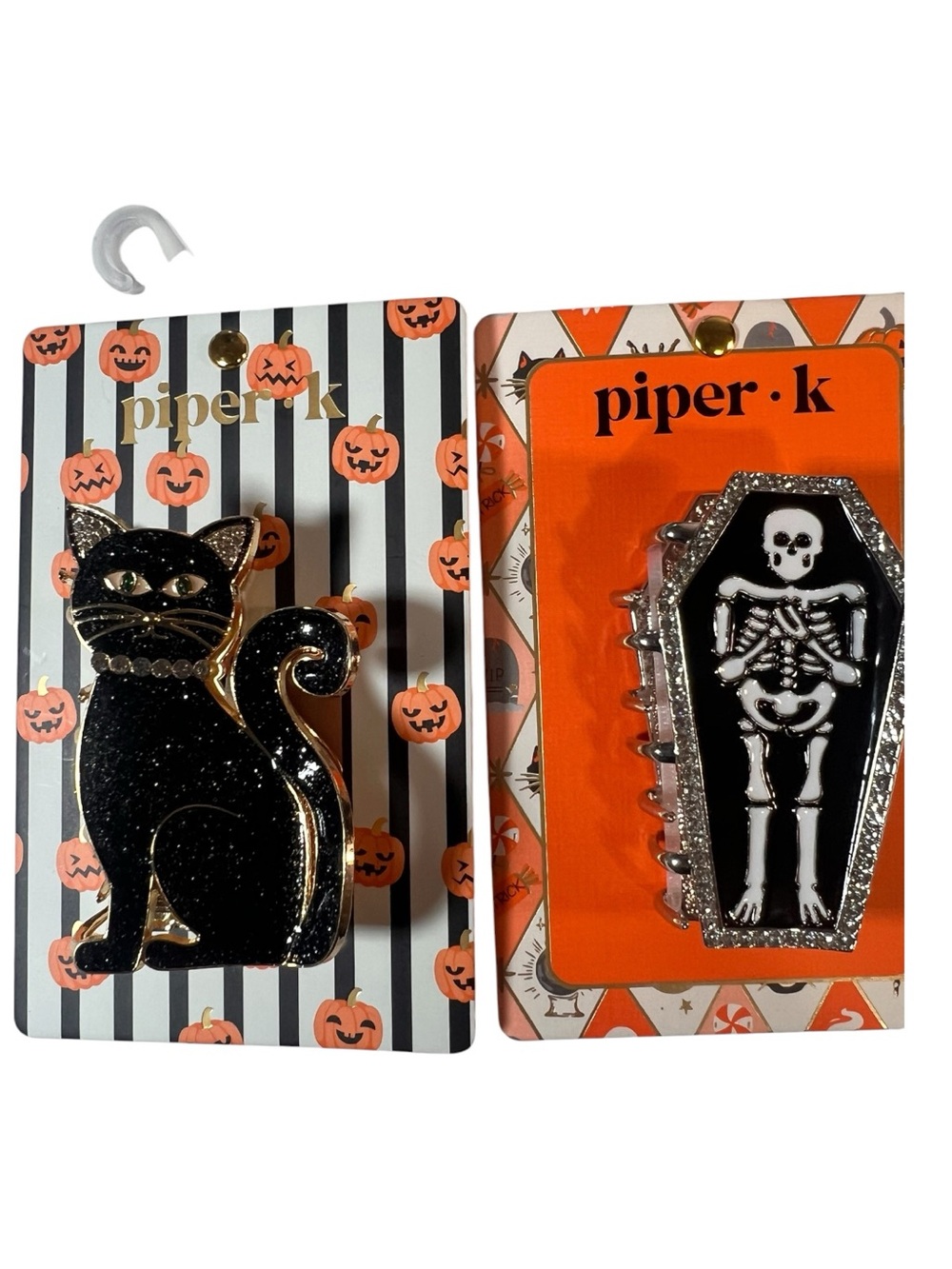 piper•k Halloween Black Cat & Coffin Skeleton Enamel hair clips pick 1